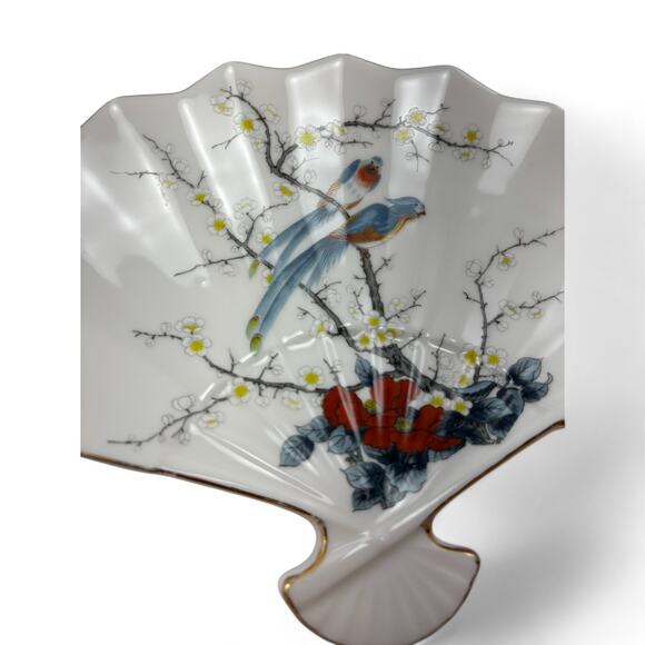Vintage Jay Fine China Fan-Shaped Decorative Plate - Birds and Blossoms Design - Picture 3 of 11